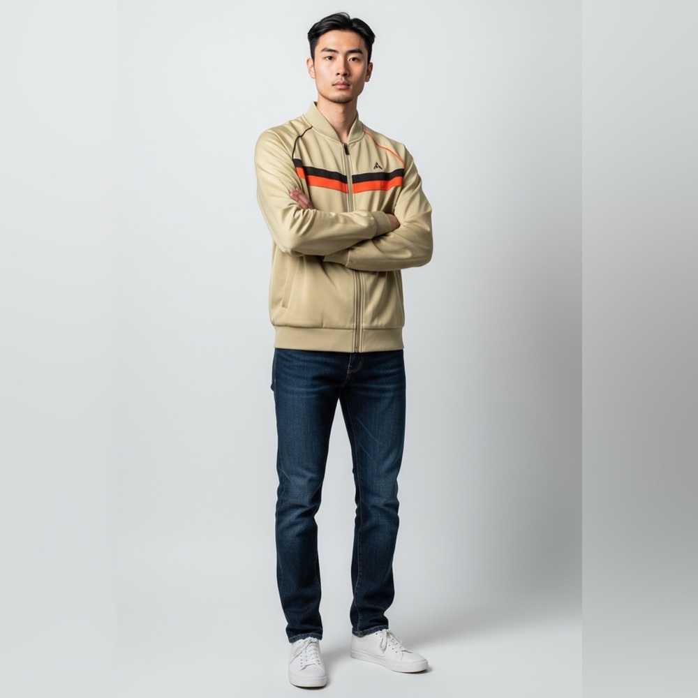 Men's Tan Bomber Jacket with Red and Black Stripes